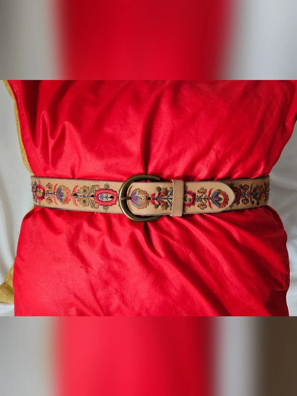 Lucky Brand Tan Leather Embroidered Belt w/Vibrant Multicolor Floral -Size Large